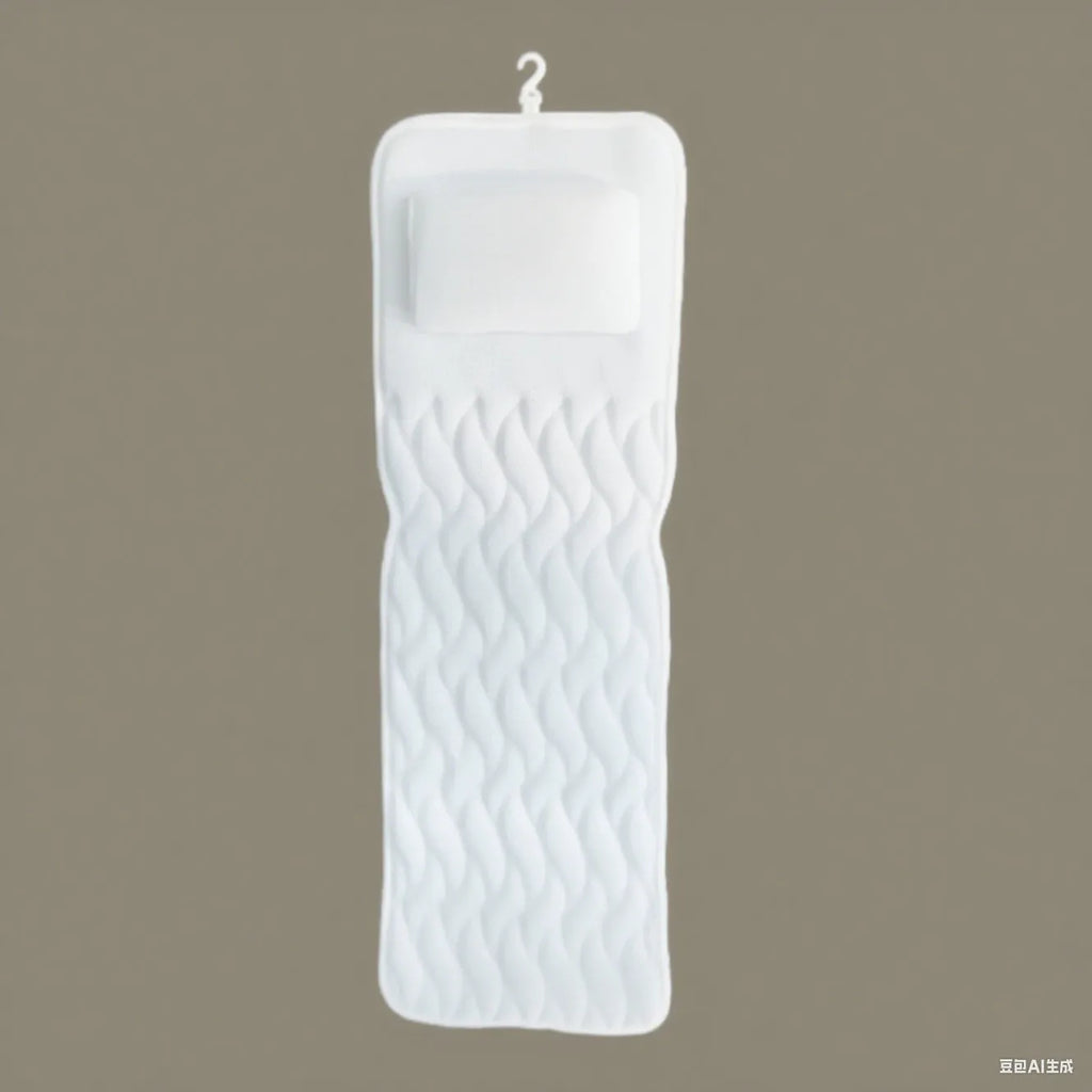 White bathtub pillow with suction cups and mesh construction measuring 37cm by 34cm