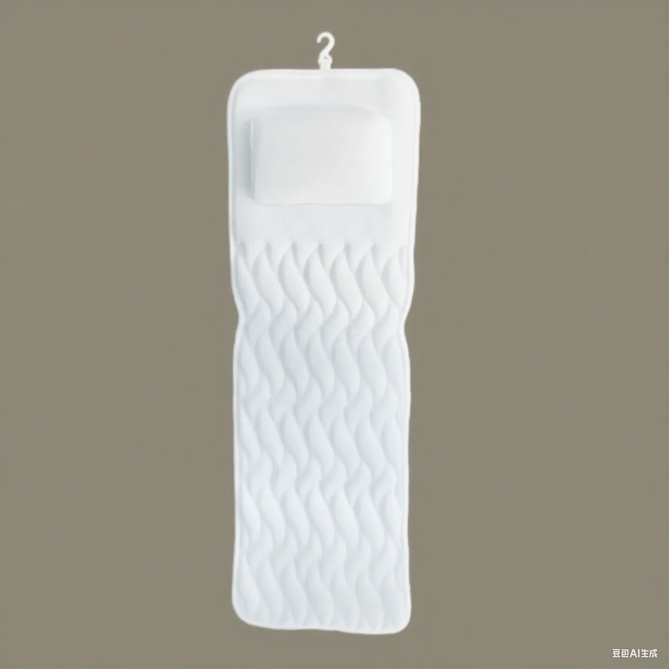 White bathtub pillow with suction cups and mesh construction measuring 37cm by 34cm