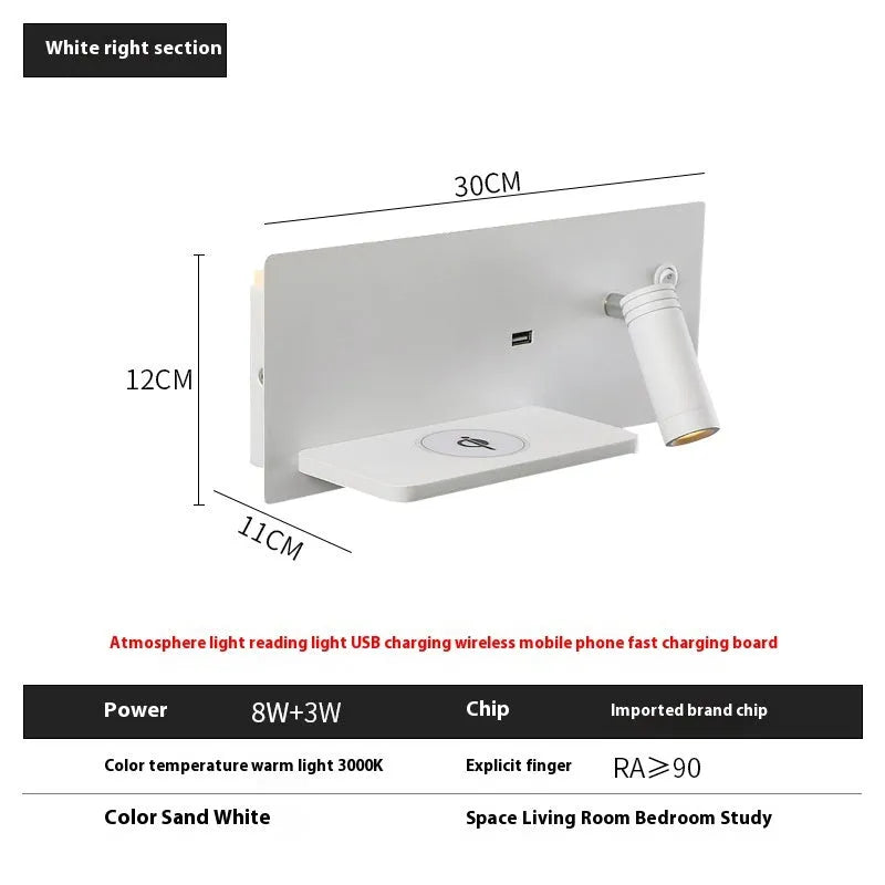 Modern bedside wall lamp with wireless charging base and warm LED light in iron shade