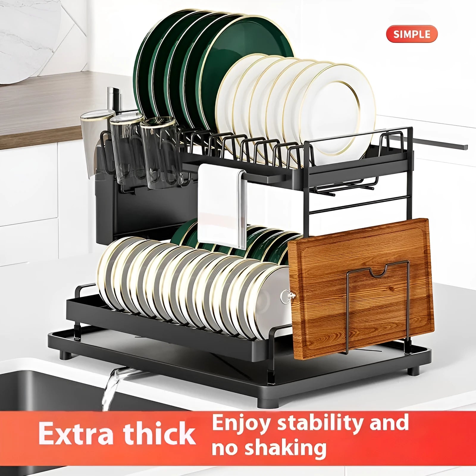 White double-layer kitchen draining rack with removable storage compartments on countertop