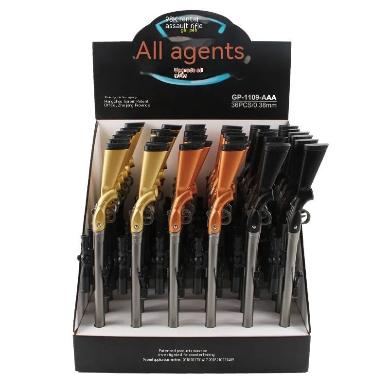 Marvel 98K sniper rifle model gel pen with 0.5mm tip shown next to Ace Agent black and blue ink refills.