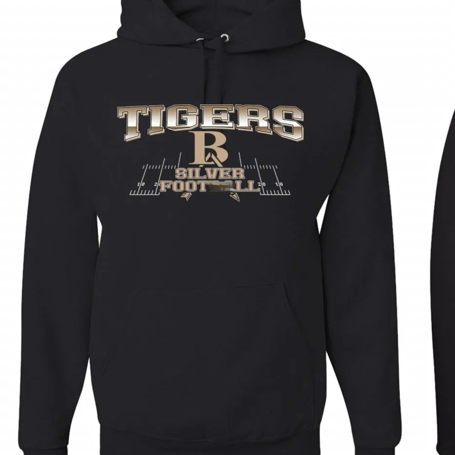 Black drop-shoulder sleeve pullover hoodie on a hanger.
