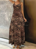Dark brown leopard print milk silk dress with sleeveless shoulder strap design and round neck