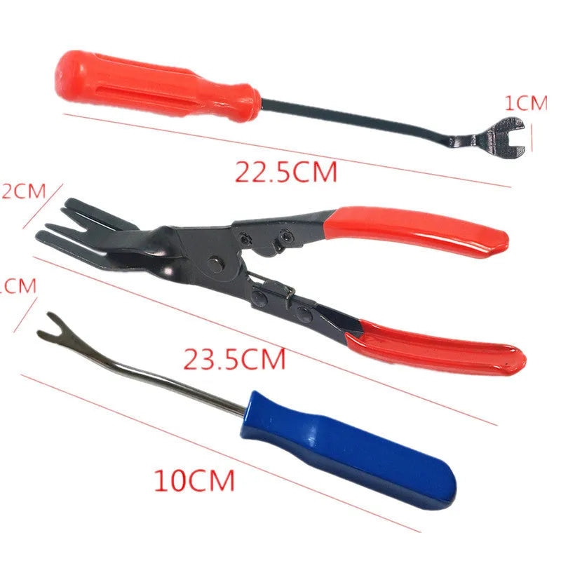 Red-handled steel automotive clip driver tool for General Motors horn and door panel nailing.