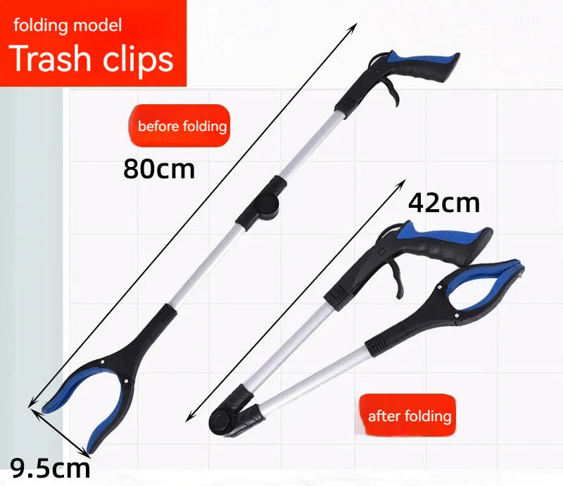 Foldable aluminium garbage clamp with blue handle and magnet sucker, shown extended and collapsed.