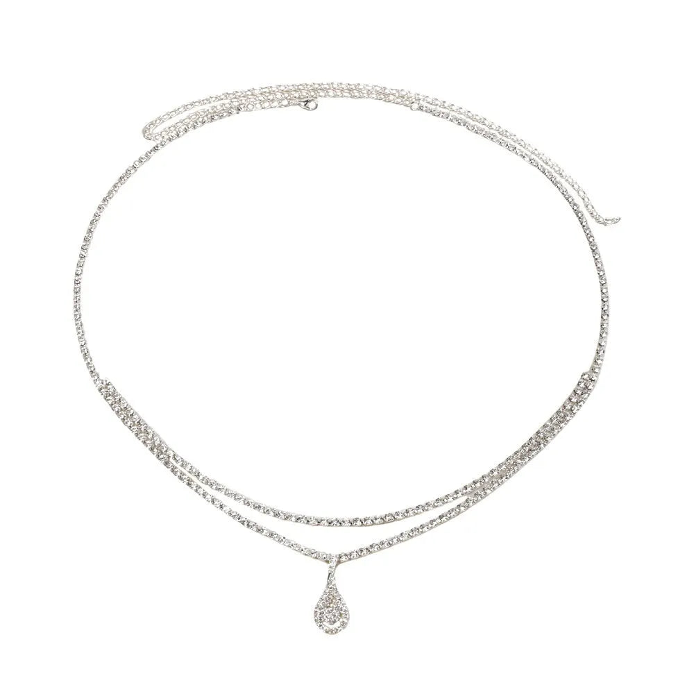 Women's gold rhinestone waist chain with water drop pendant and tassel details