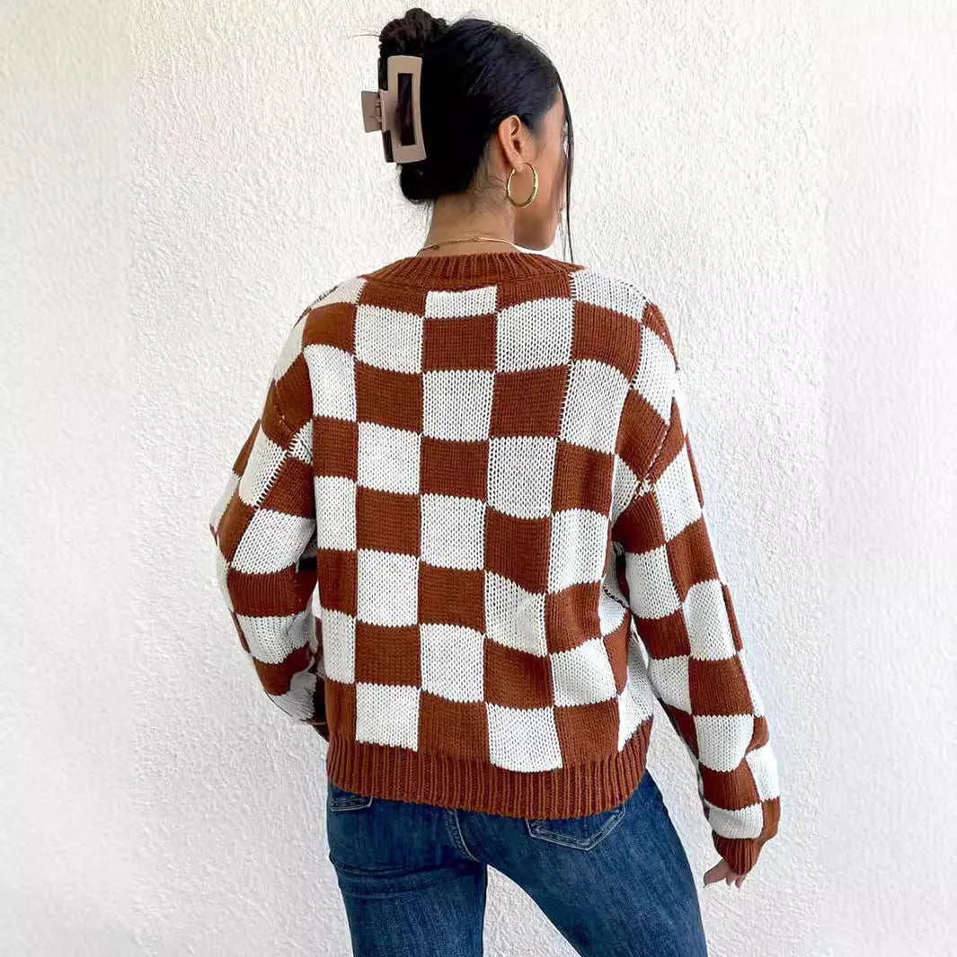 Dark brown plaid acrylic pullover sweater with loose round neck and long sleeves in Japanese casual style