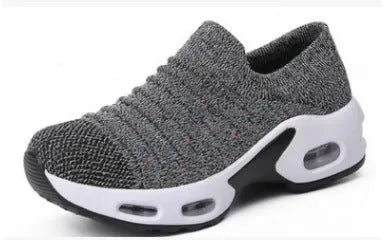 Plus size fly-knit mesh sock shoes in dark blue, showing stretch knit upper and round toe.