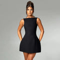 Slim-fitting backless sleeveless summer dress with high waist in polyester fabric