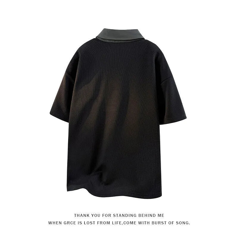 Men's heavy Henry collar polo shirt sweater in black and apricot colours showing short sleeve pullover design
