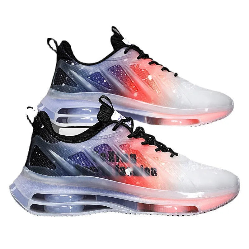 Men's black and green mid-top platform casual running shoes with mesh upper and rubber sole.