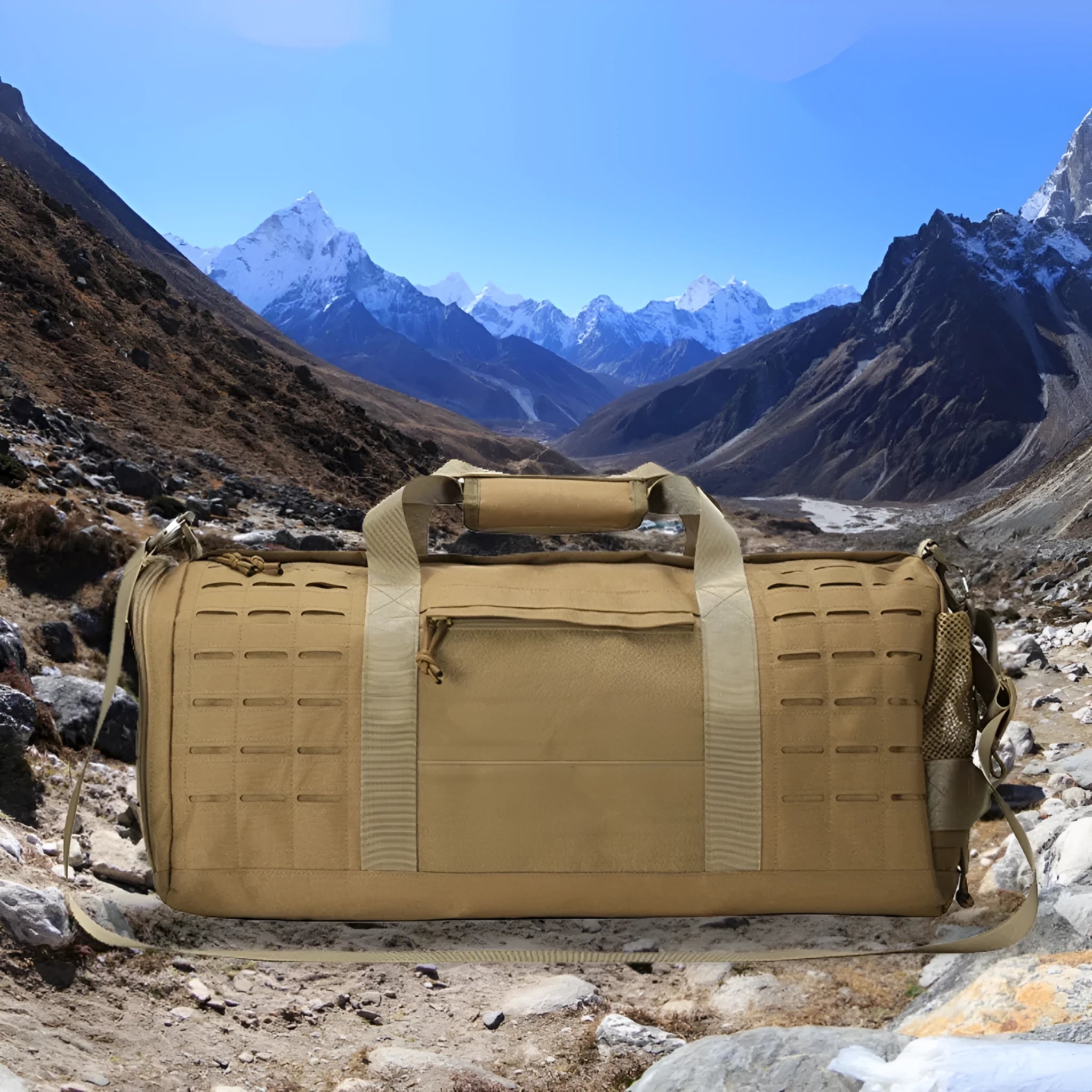 Men's khaki Oxford cloth sports handbag with air-pillow shoulder strap showing waterproof storage capacity