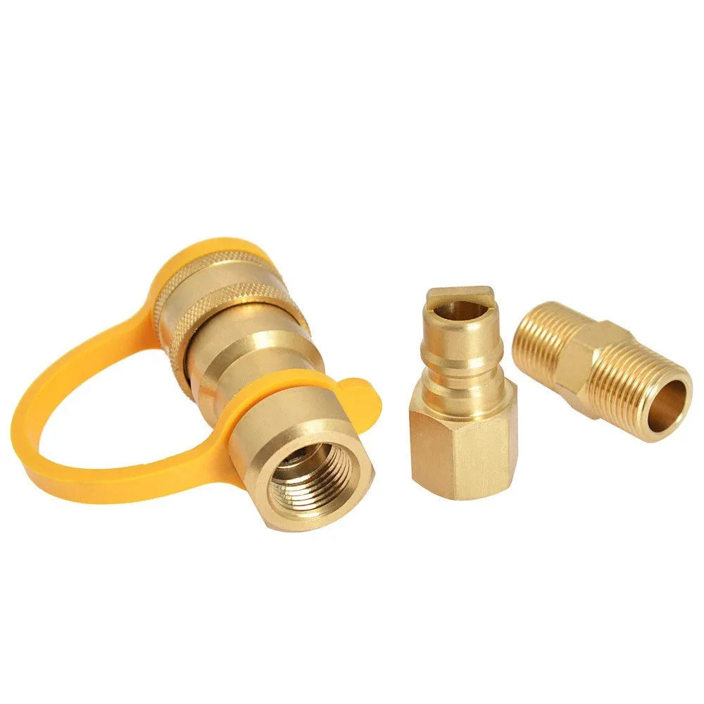 Gold-coloured brass 3/8-inch gas tank connector with visible threads for propane conversion.