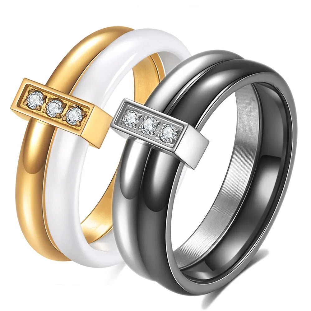 Ceramic women's ring with 6mm geometric shape and zirconium stitching in steel black or gold white