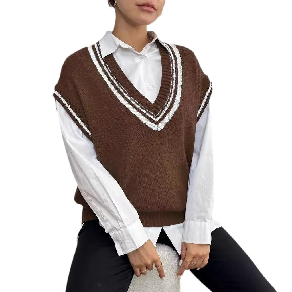 Blue loose-fit women's acrylic blend vest sweater on a hanger, college style.