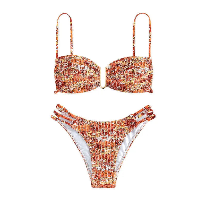 Women's floral bikini swimsuit in orange, blue and rose red colours with nylon lining