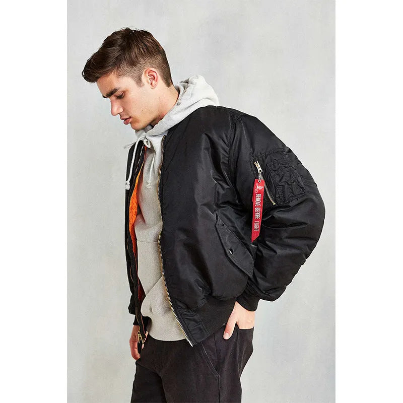 Men's loose-fit cotton-padded pilot jacket in Army Green, shown with double-sided wear-resistant nylon construction.