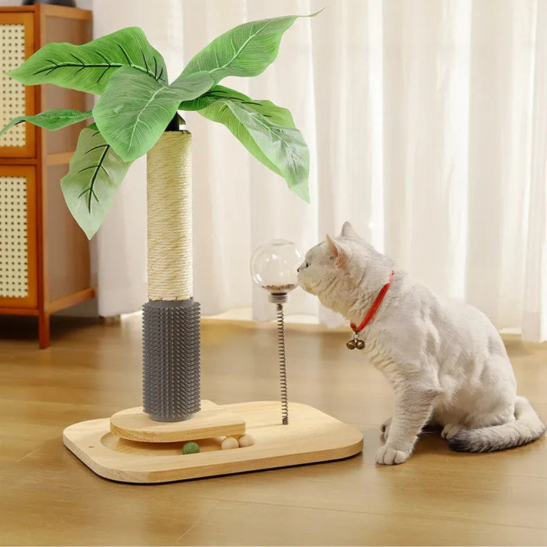 Tall canna-coloured wooden cat scratching post with a food drop ball attached.