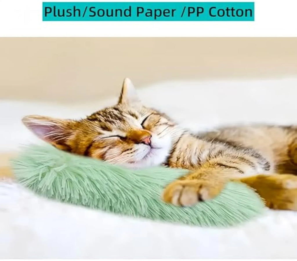 Soft plush cat pillow toy in assorted colours with crinkle sound and natural catnip inside.