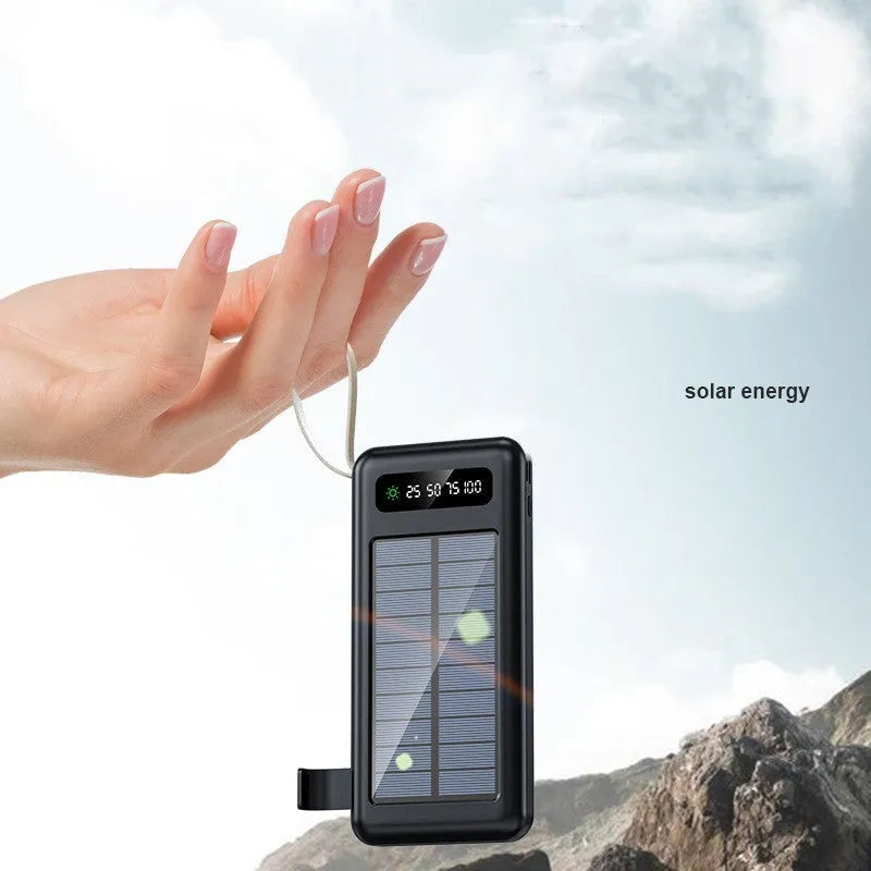 Cool black and ivory white solar power bank showing front display and solar panel surface.