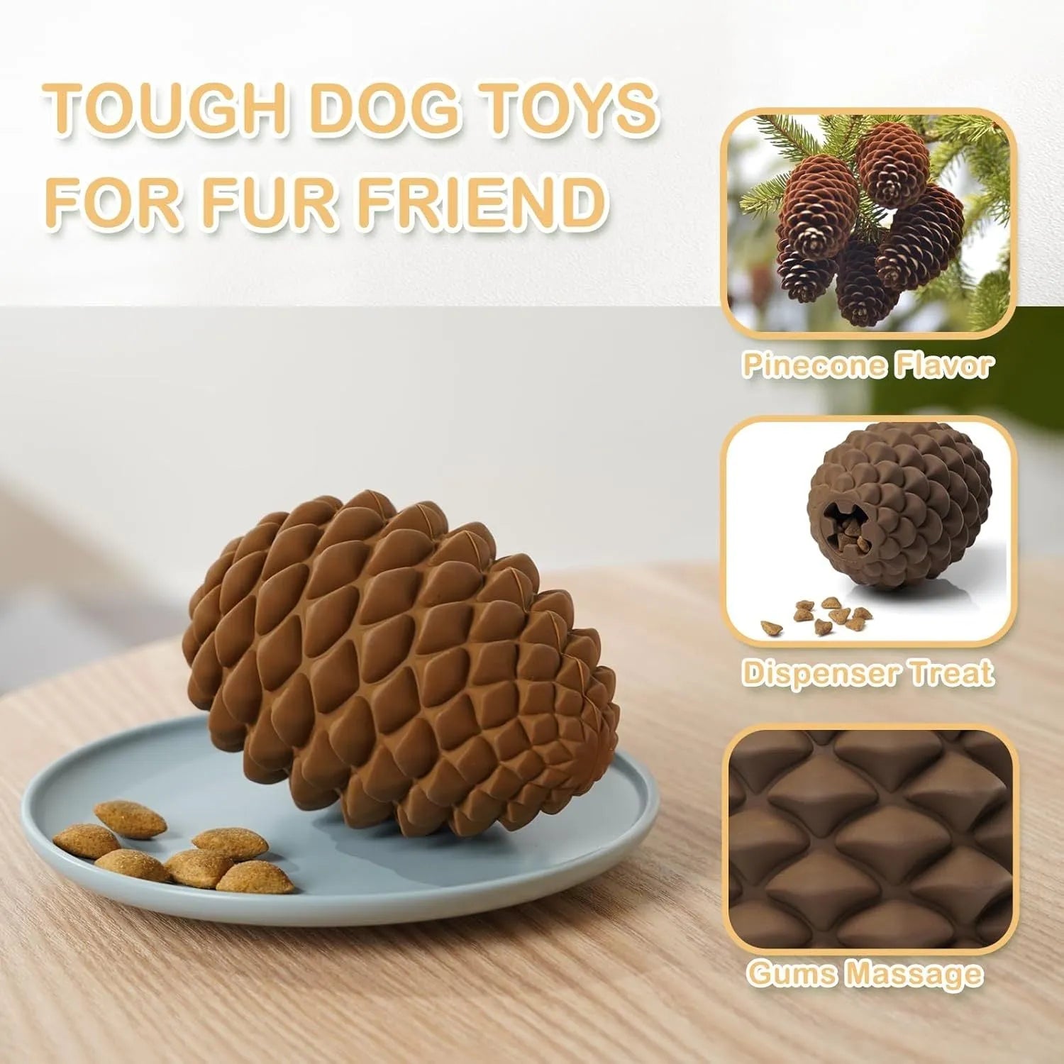 Yellow natural rubber pine cone dog toy with treat dispenser for medium large dogs