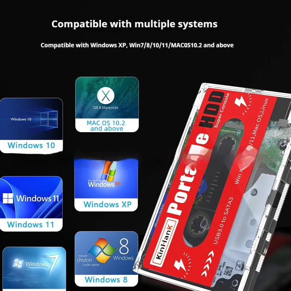 External 2TB mechanical hard drive with USB cable and protective storage box.