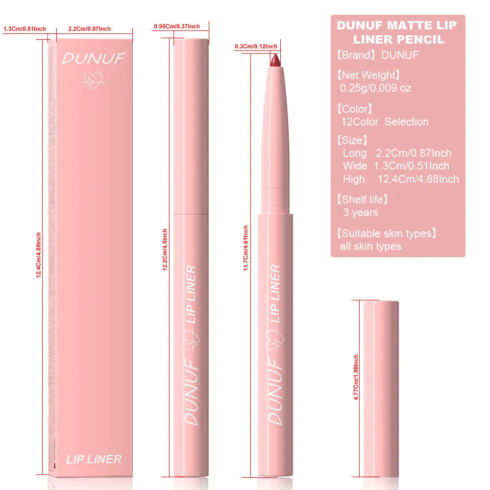 Velvet matte lip liner pencil in 12 different colour options for lip contouring