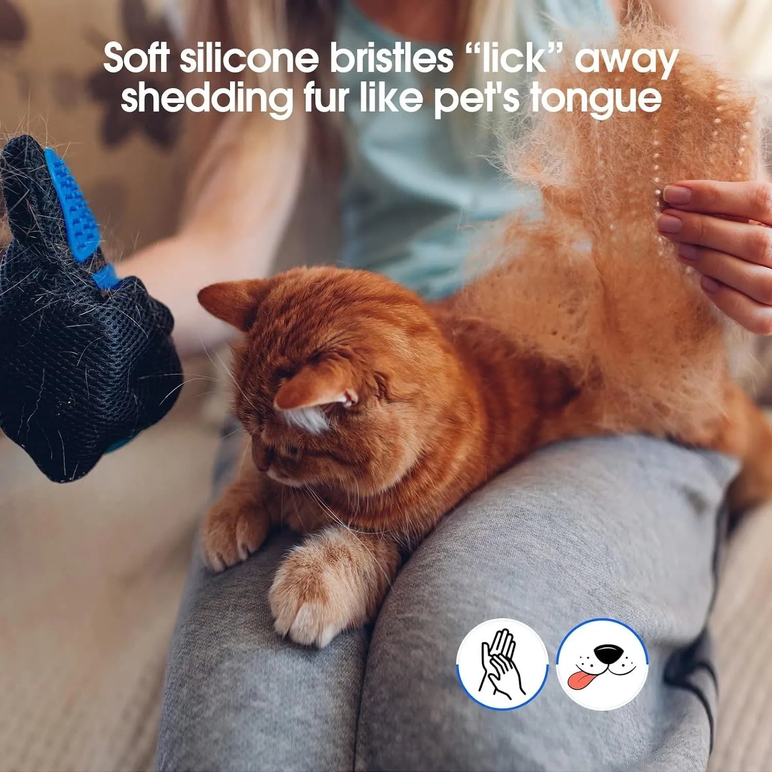 Blue pet grooming gloves with silicone tips for brushing cats and dogs