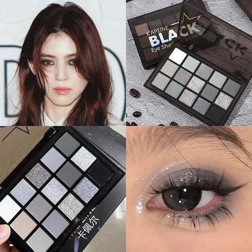 15-colour eyeshadow palette open showing matte and shimmer brown and blue eyeshadows.
