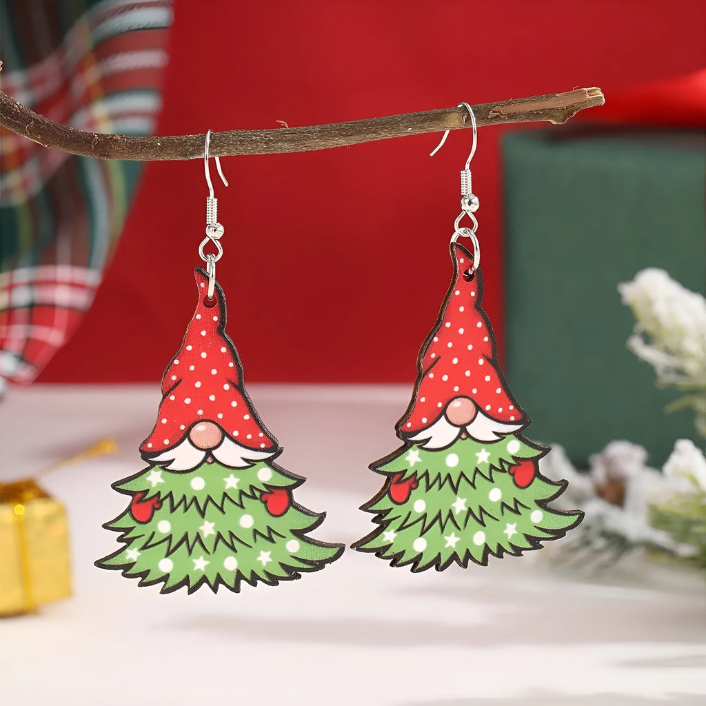 Geometric wooden Christmas earrings with Santa Claus printed designs