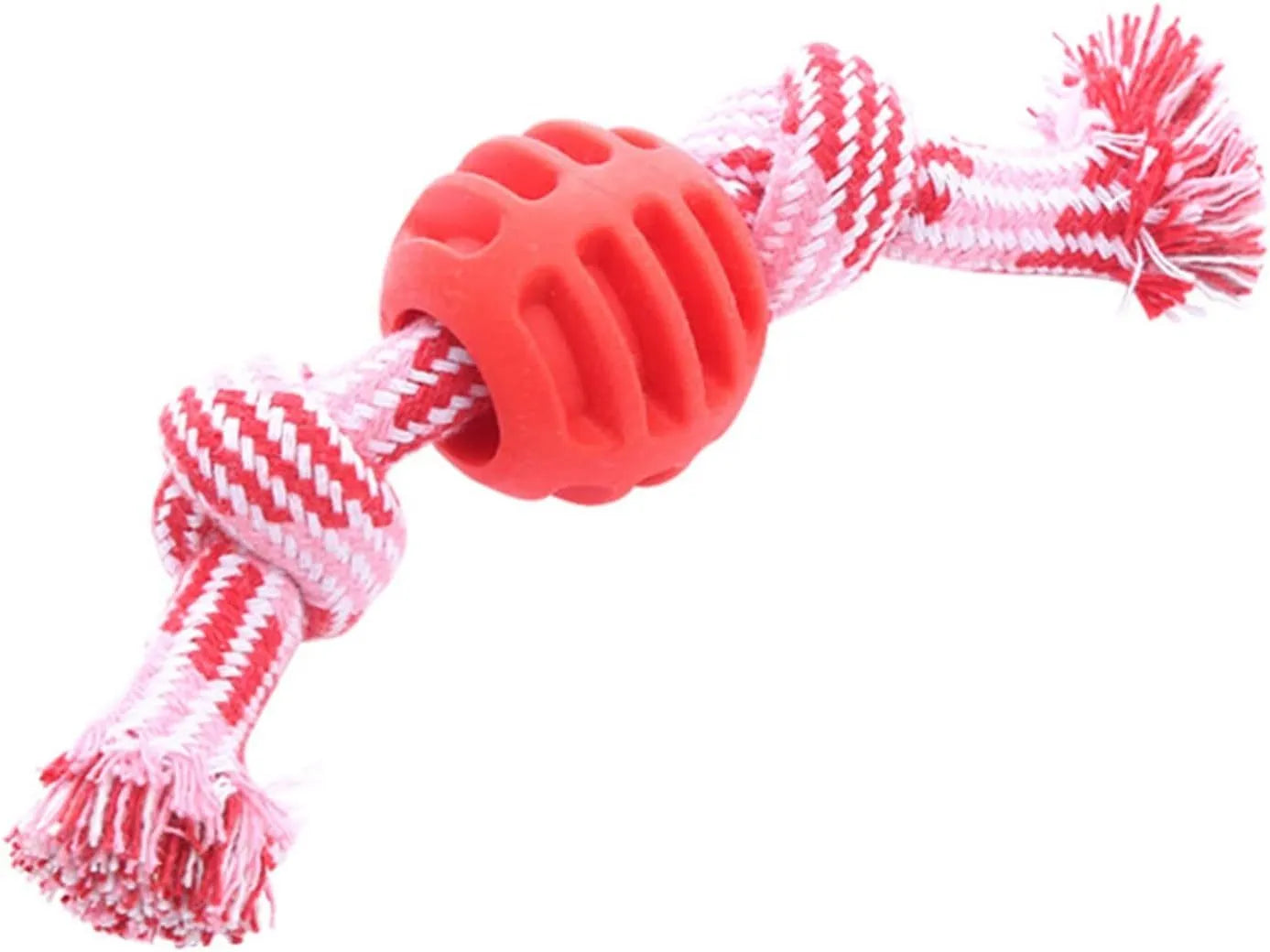 Set of four colourful soft dog chew toys with molar shapes and rope ends on a white background.