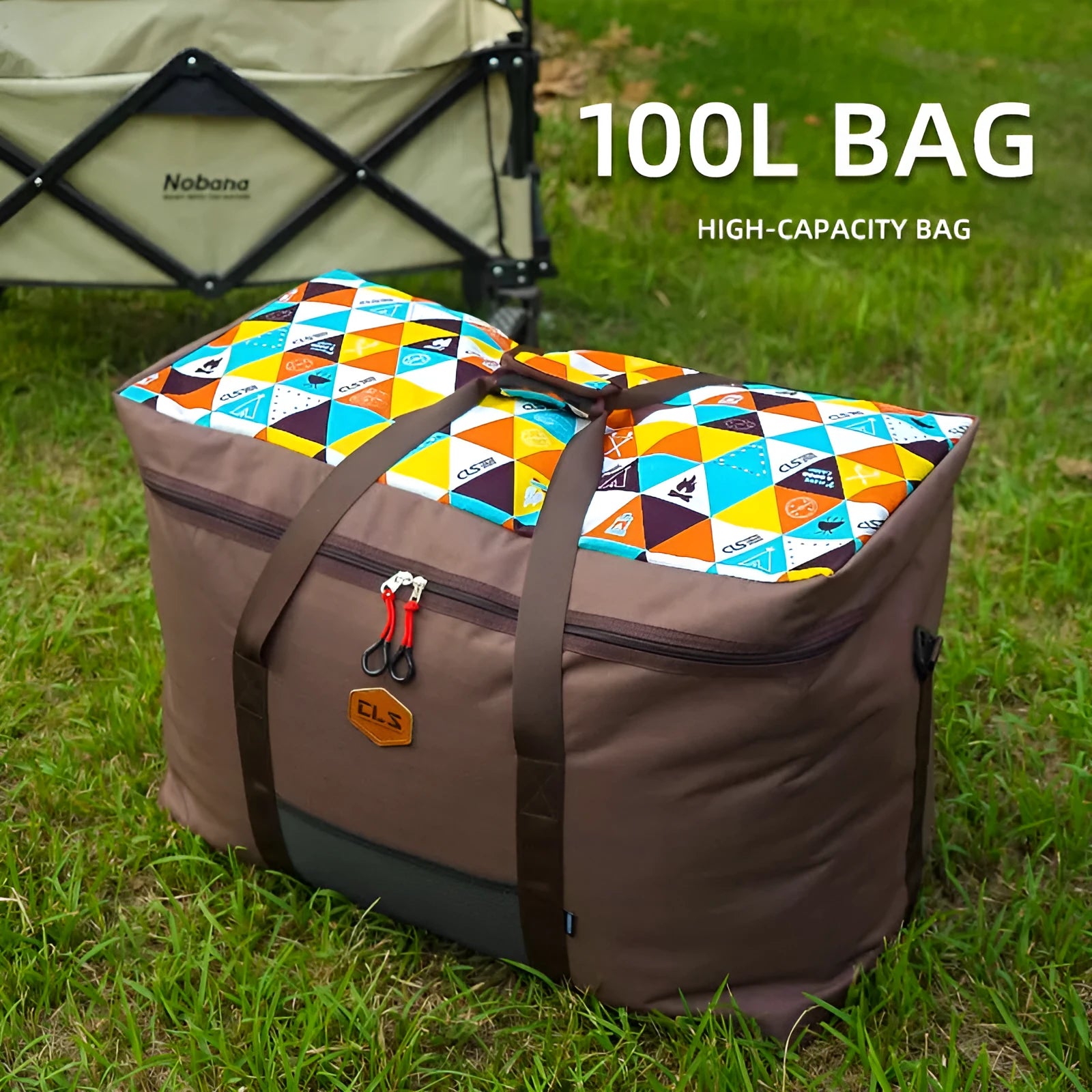 CLS Outdoor large capacity camping bag 100L in black Oxford cloth with cube shape
