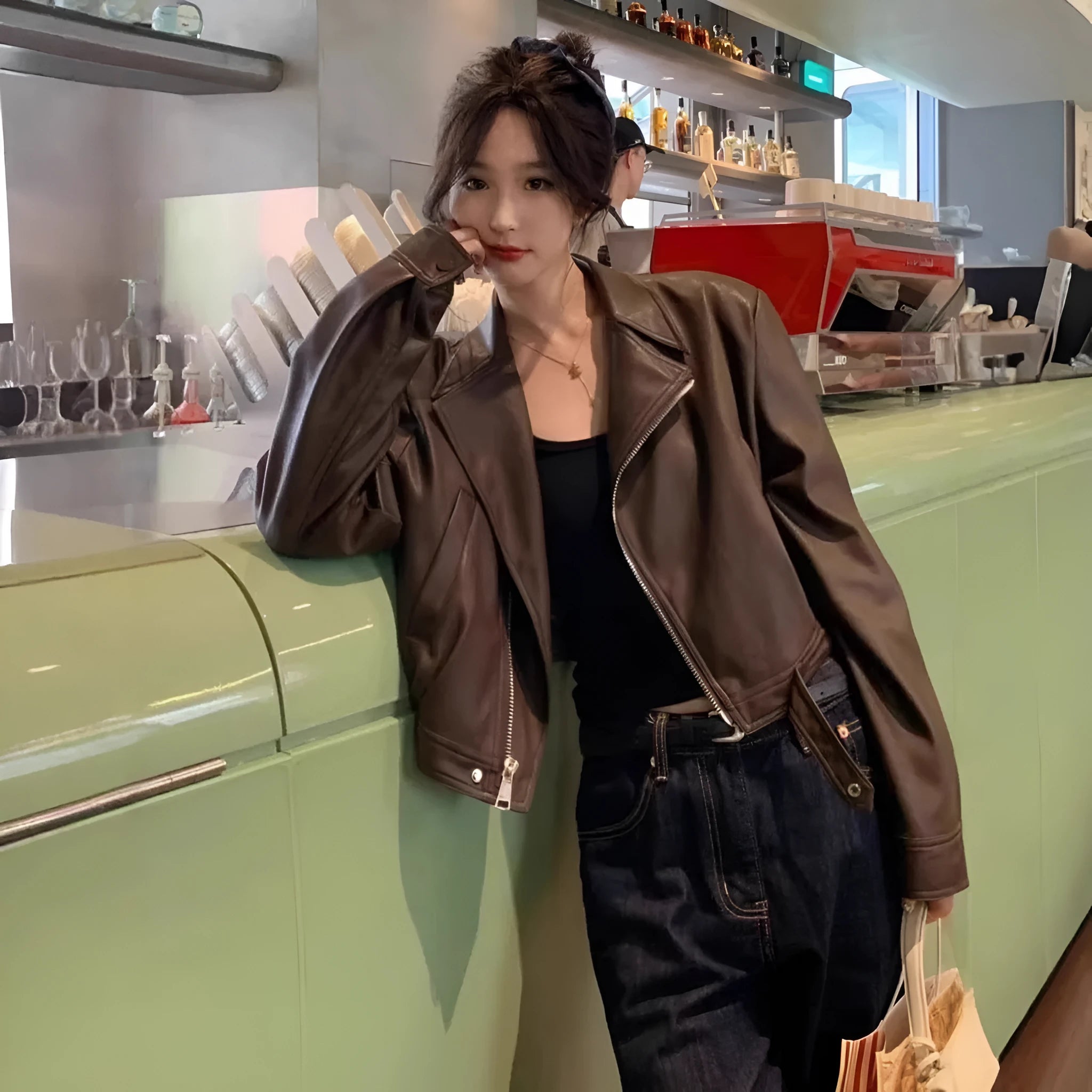 Women's black retro imitation leather coat jacket with slim fit and pocket detail
