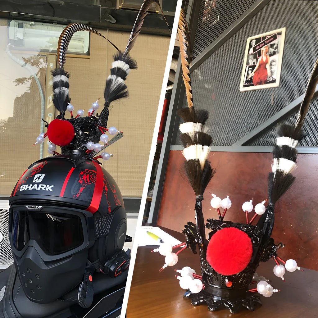 Zijin crown feather motorcycle helmet decoration with black crown and long feathered ornaments for bike helmet customisation