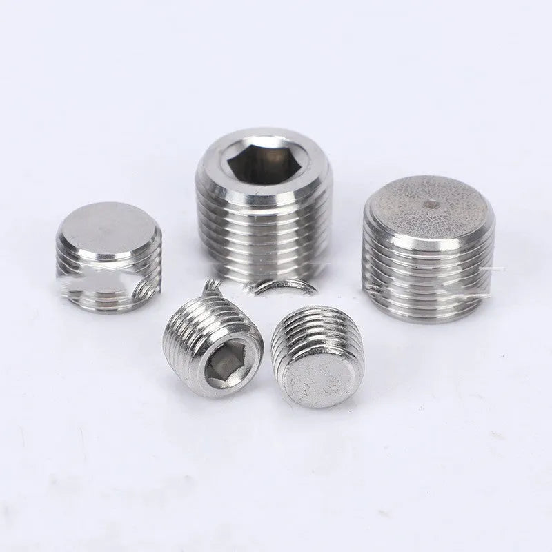 Stainless steel hexagon head pipe plug with a 3/8 inch BSP female thread.