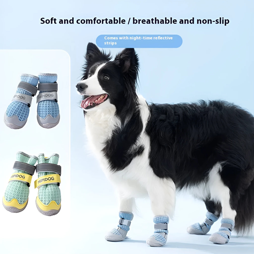 Cartoon style dog shoes in Bondi Blue and Dean Green colours for summer hot pavement protection