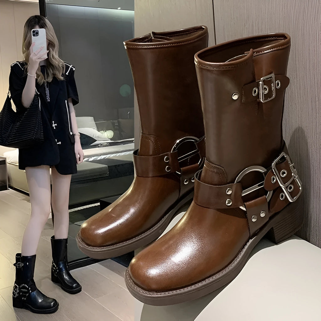 British platform women's boots with mid-calf length and belt buckle detail