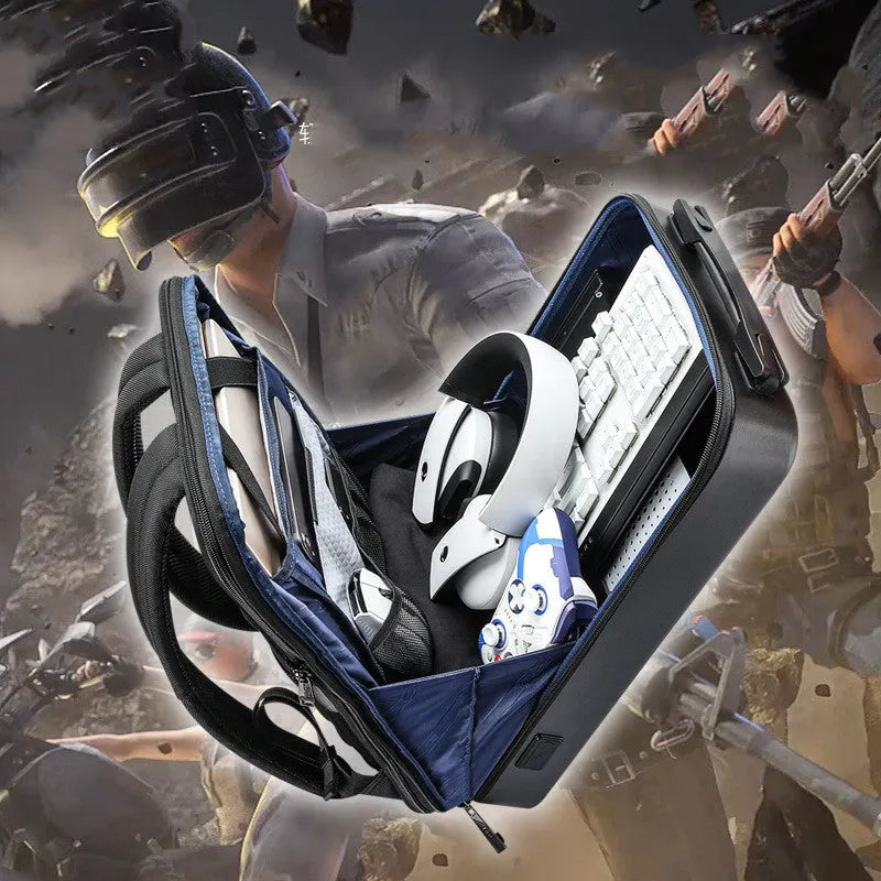 Large PC hard shell gaming backpack showing titanium gold colour with locking mechanism and organised internal compartments