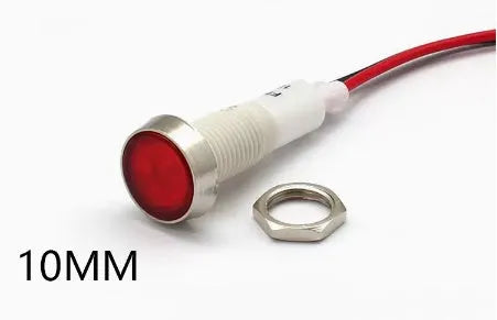10mm stainless steel edge plastic indicator light with wire, shown in available colours.