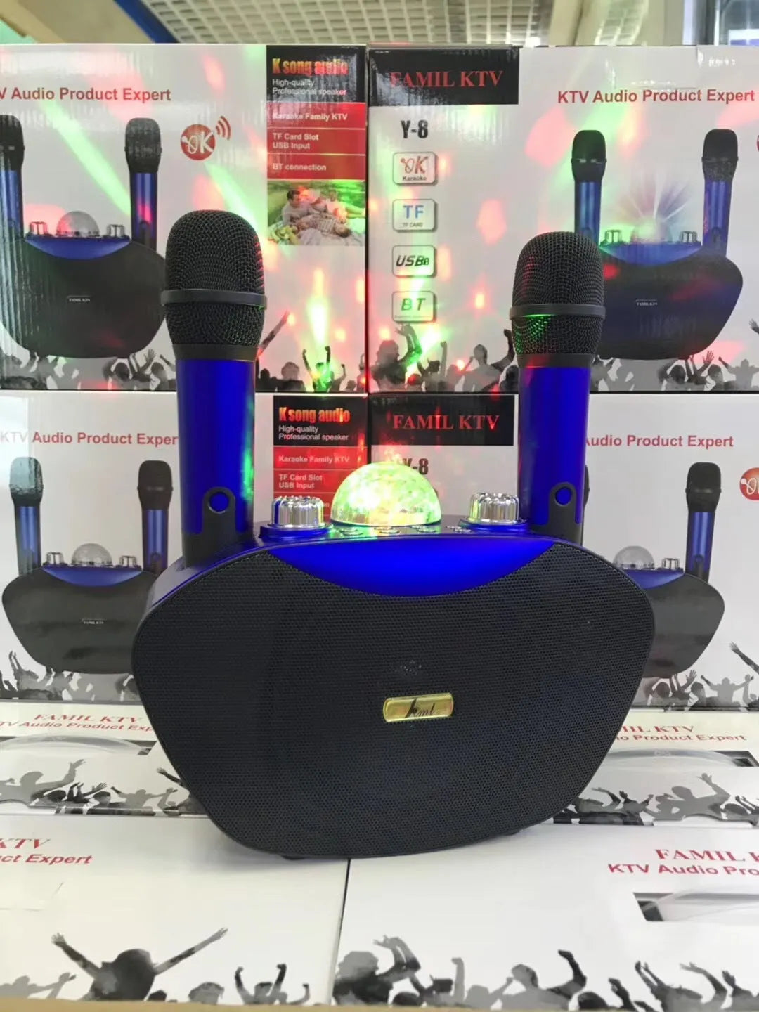 Y-8 family KTV karaoke microphone in black with built-in speaker and USB port