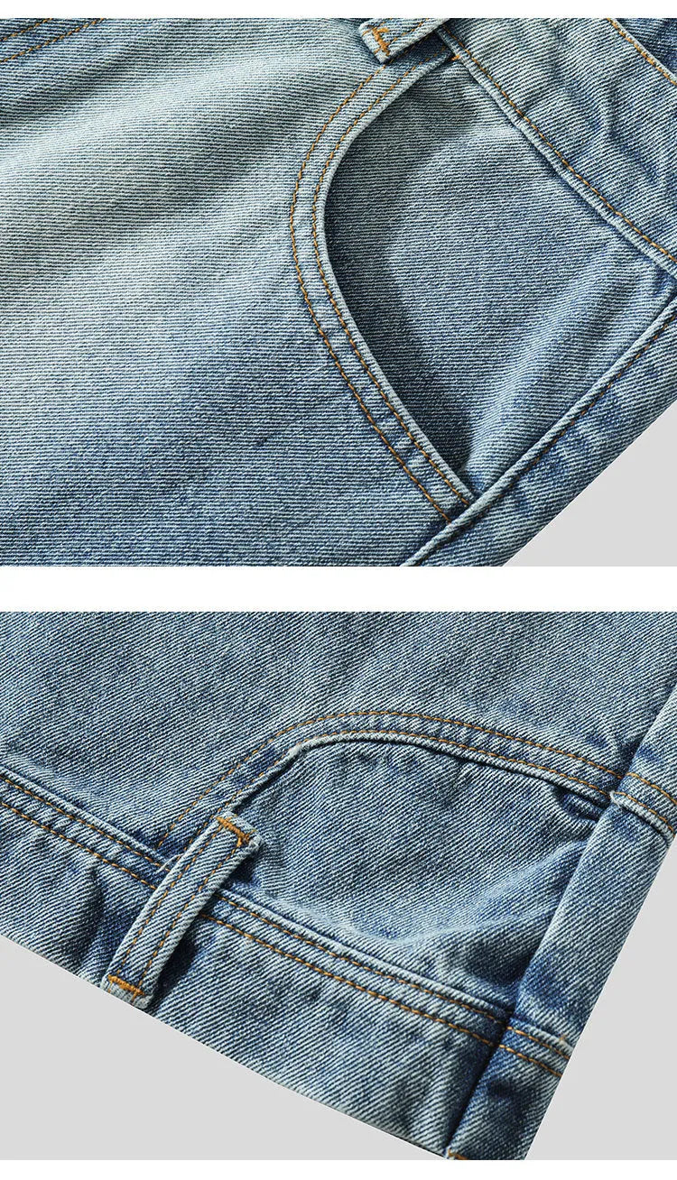 Men's loose straight Bermuda shorts in blue denim with mid waist and five-pocket design