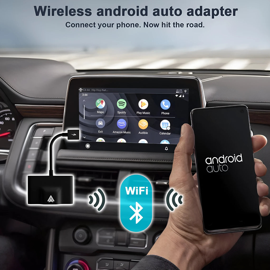 Wireless Android Auto adaptor for cars, shown in black, next to a car USB port.