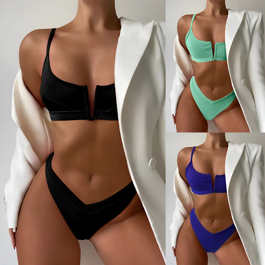 Women's high-waisted triangle swimsuit with split shorts in multiple colour options