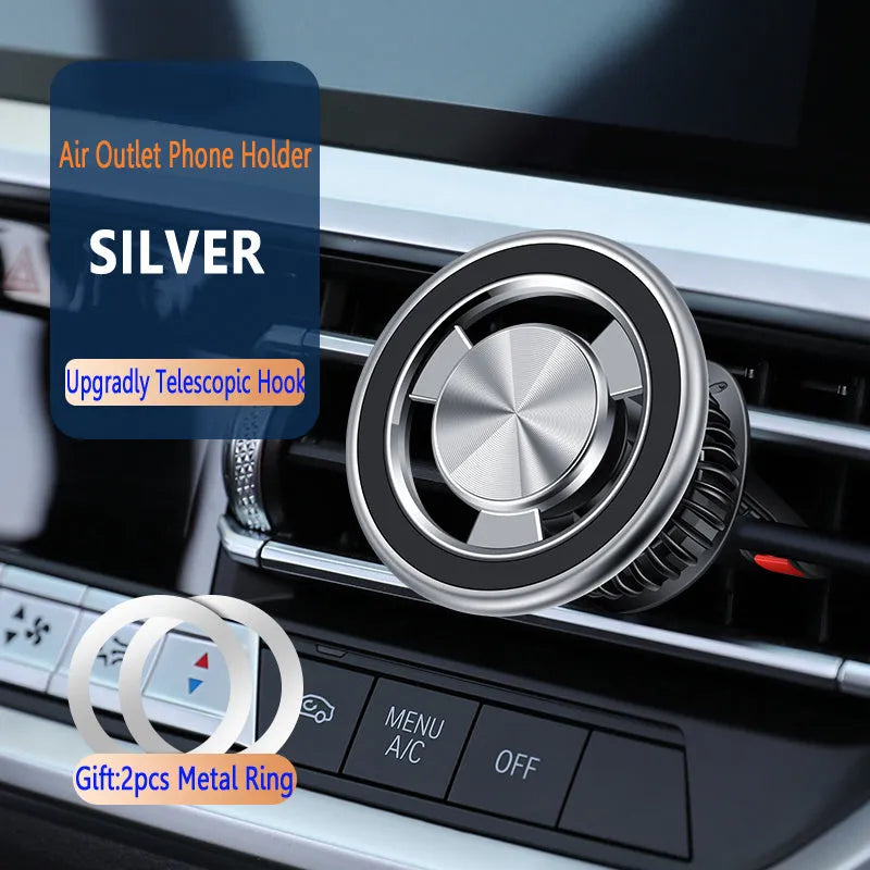 Black magnetic car air vent phone holder with alloy bracket and attached smartphone