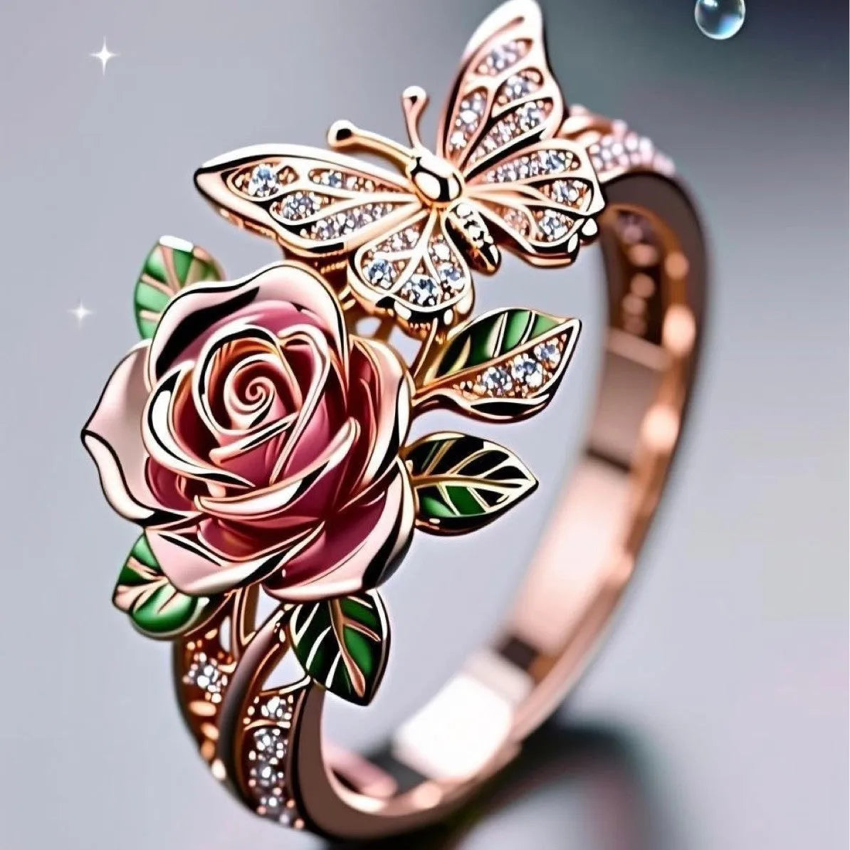 Adjustable butterfly personality ring with colourful oil drip finish showing floral and insect details