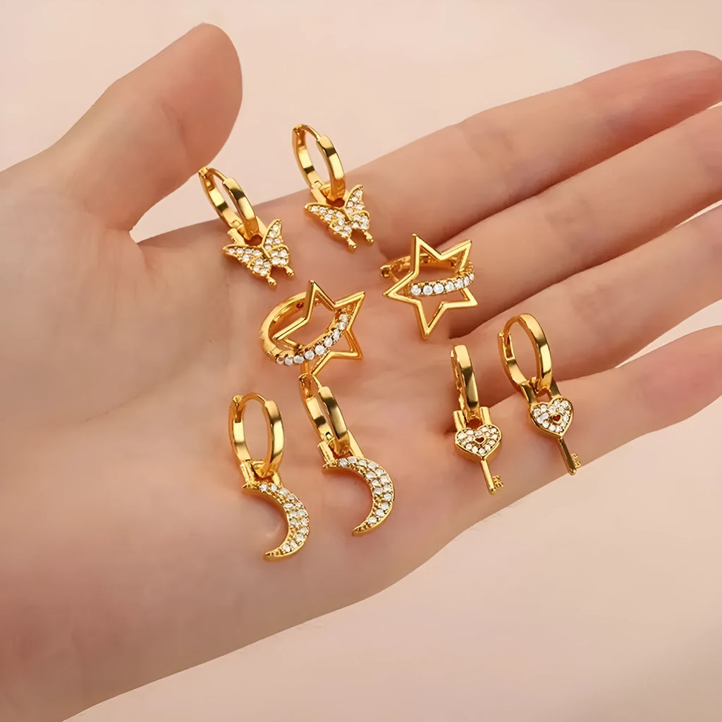 Women's geometric butterfly copper earrings with heart, bow, and star shapes in various colours