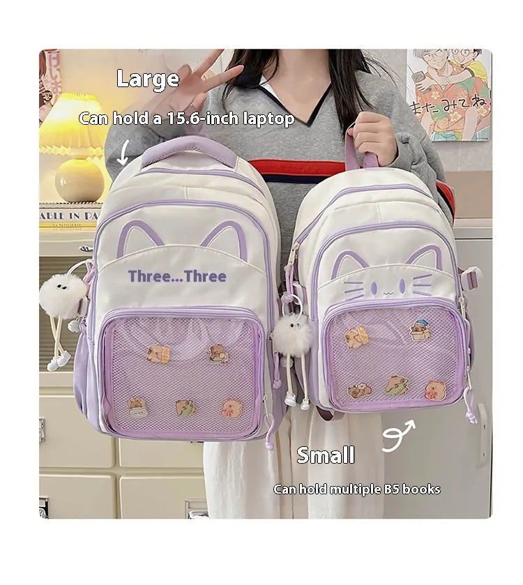 Korean cartoon pattern large backpack in multiple colours with curved straps and badge pendant option.