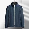 Men's thick grey Berber fleece cardigan coat with stand-up collar and zippered pockets.