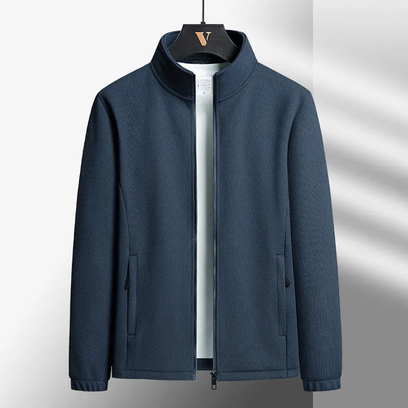 Men's thick grey Berber fleece cardigan coat with stand-up collar and zippered pockets.