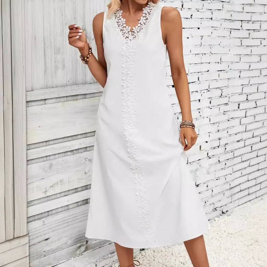Women's sleeveless lace patchwork dress with crocheted flowers, A-line skirt, white colour